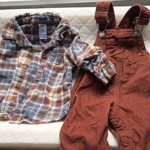 Carters 9 months flannel shirt with corduroy overalls set